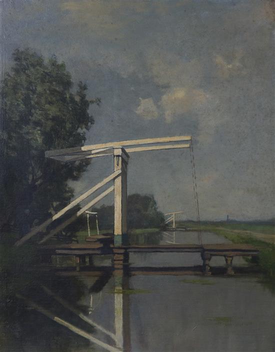 Bernard Schregel, oil on canvas, Dutch bridges, signed, 39 x 31cm. unframed.